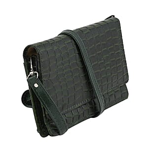 Hong Kong Closeout Dark Green Genuine Leather Croco Embossed RFID Mobile Case Crossbody Bag with Detachable Shoulder Strap