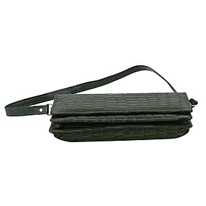 Hong Kong Closeout Dark Green Genuine Leather Croco Embossed RFID Mobile Case Crossbody Bag with Detachable Shoulder Strap