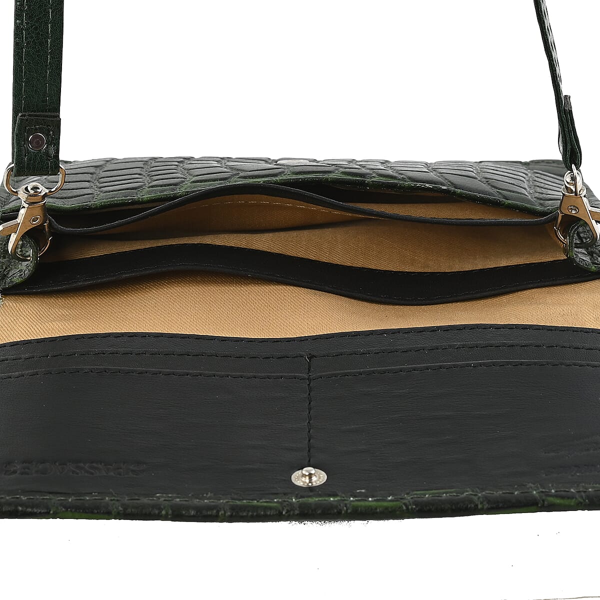 Hong Kong Closeout Dark Green Genuine Leather Croco Embossed RFID Mobile Case Crossbody Bag with Detachable Shoulder Strap image number 3