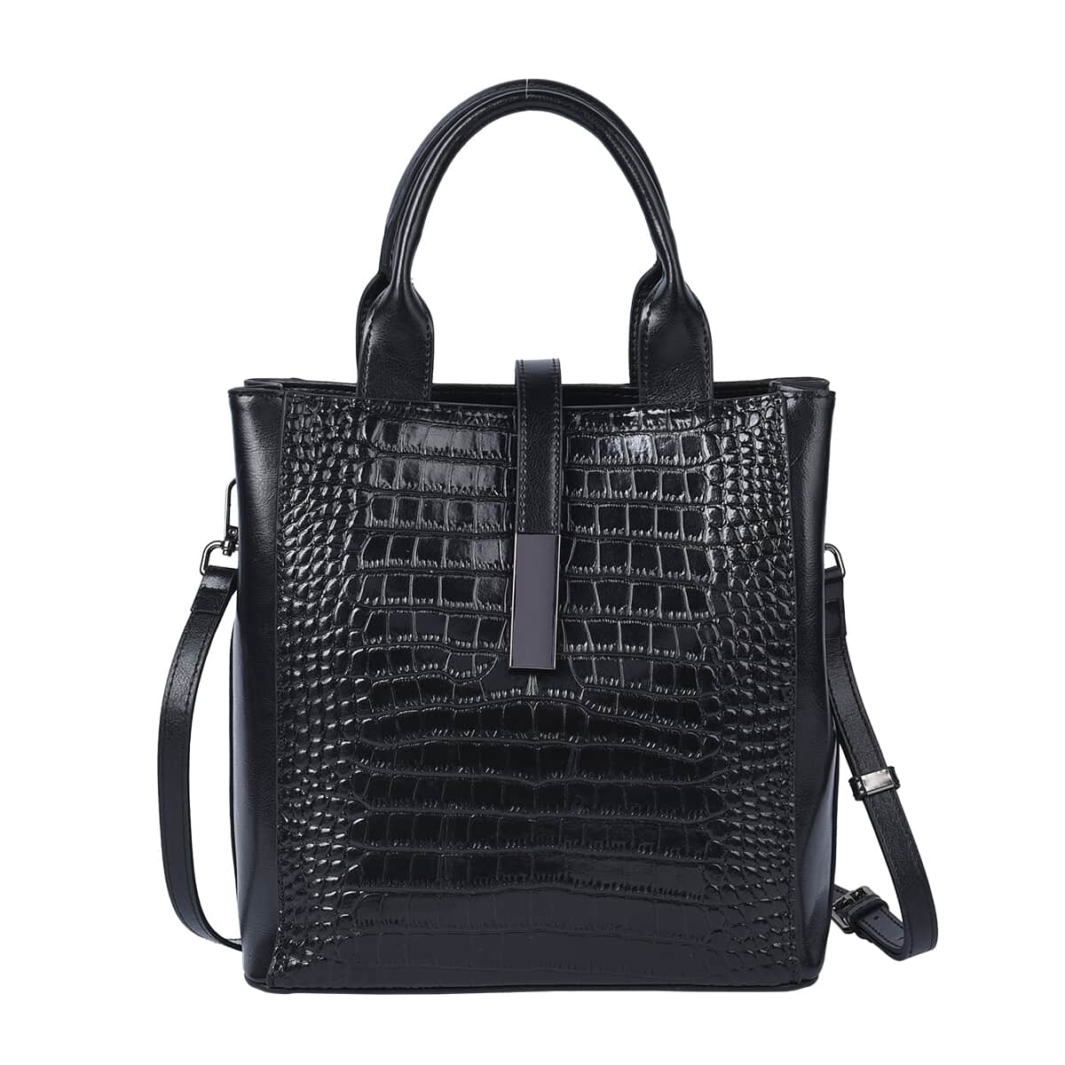 PASSAGE Black Crocodile Embossed Pattern Genuine Leather Tote Bag with Set of 2 Woven & Leather Strap image number 0