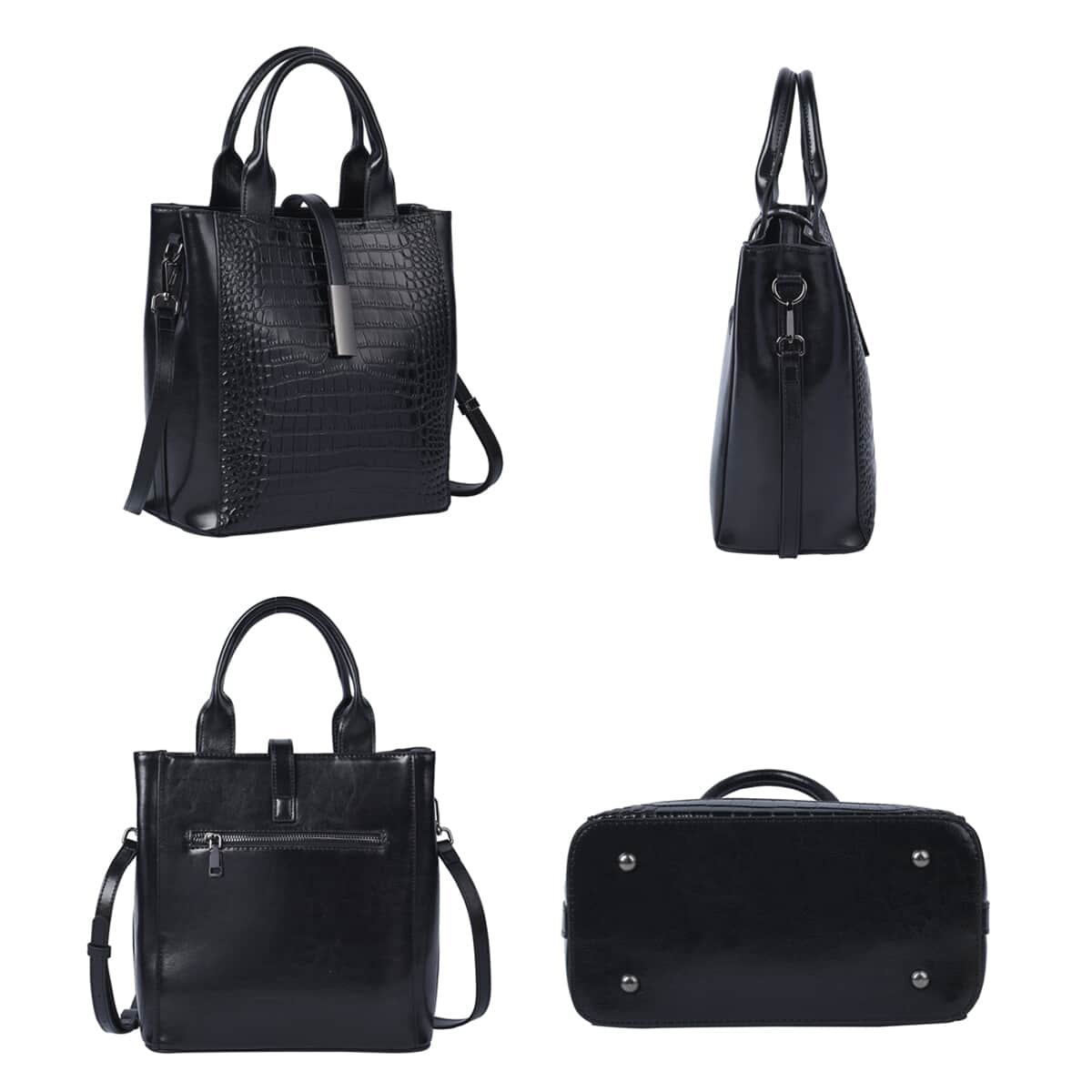 PASSAGE Black Crocodile Embossed Pattern Genuine Leather Tote Bag with Set of 2 Woven & Leather Strap image number 3