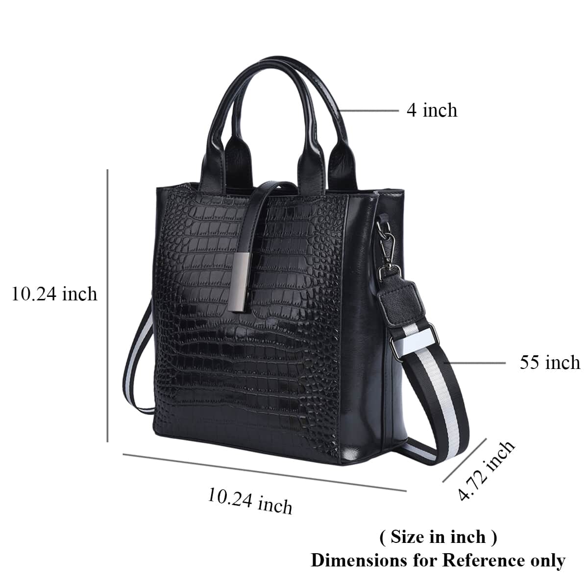 PASSAGE Black Crocodile Embossed Pattern Genuine Leather Tote Bag with Set of 2 Woven & Leather Strap image number 6