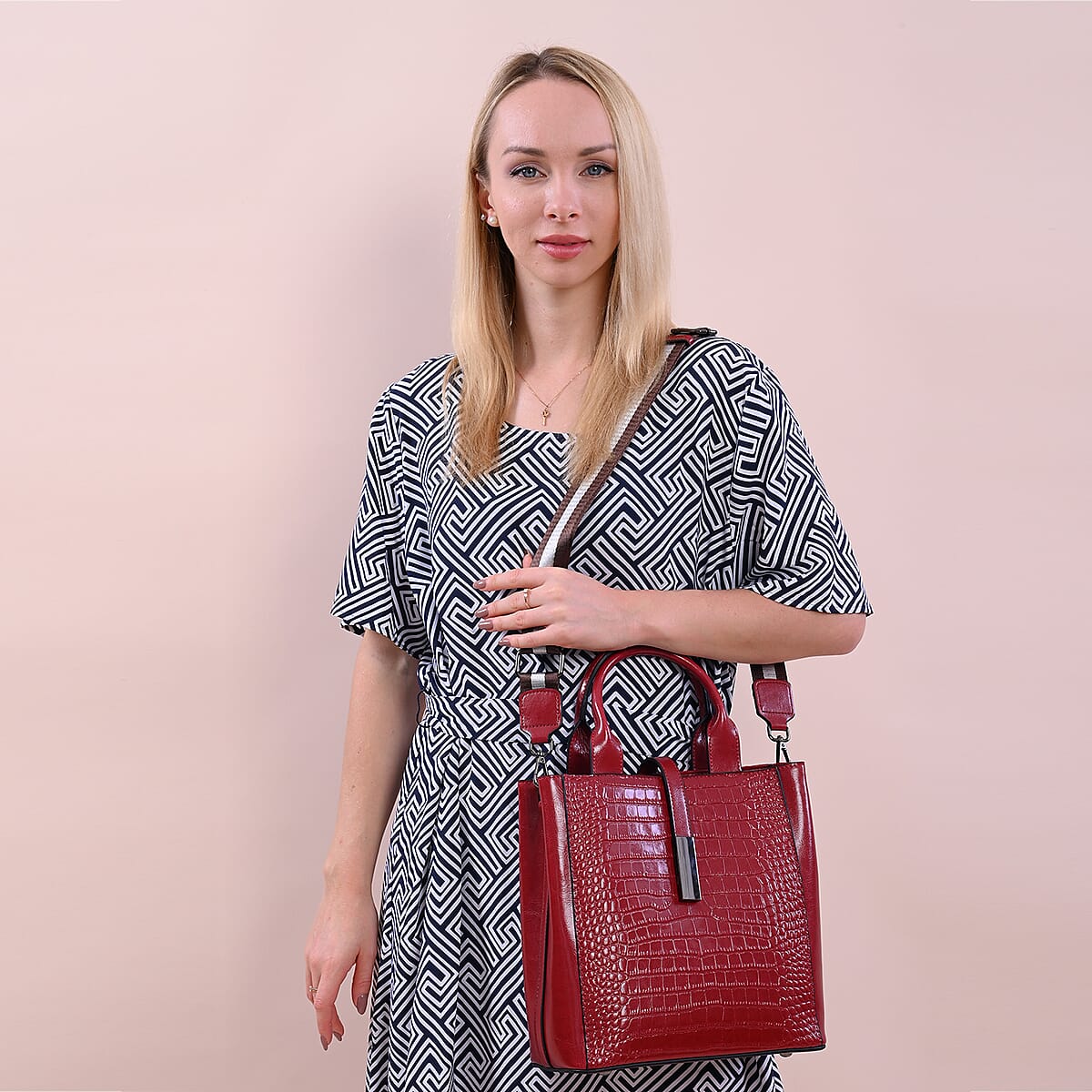 Passage Red Crocodile Embossed Genuine Leather Tote Bag for Women , Woven & Leather Strap , Satchel Purse , Shoulder Handbag , Designer Tote Bag image number 1