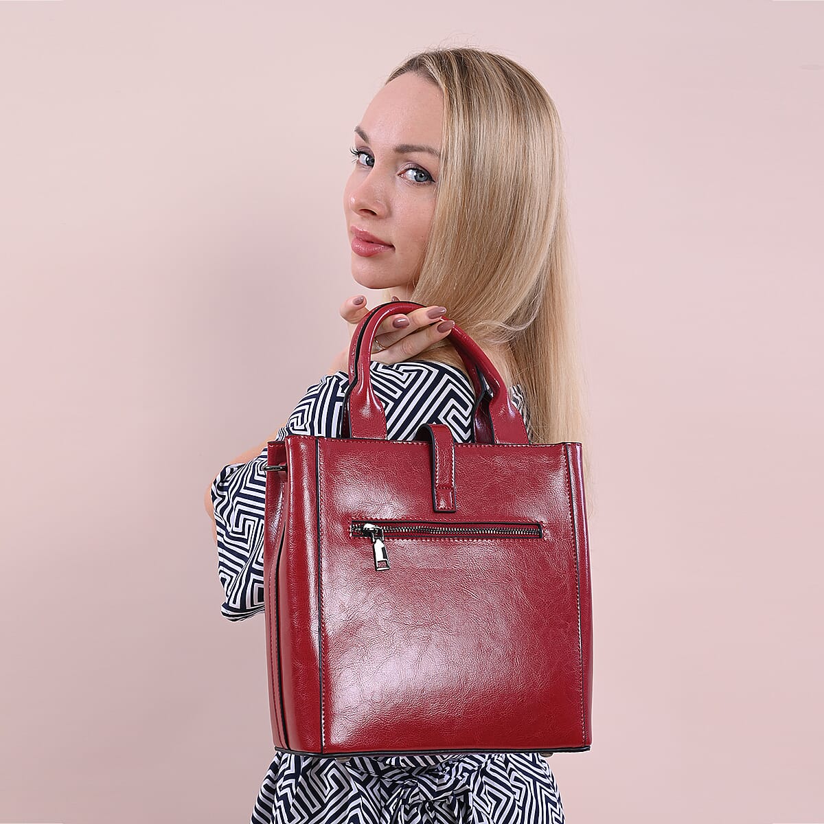 Passage Red Crocodile Embossed Genuine Leather Tote Bag for Women , Woven & Leather Strap , Satchel Purse , Shoulder Handbag , Designer Tote Bag image number 2