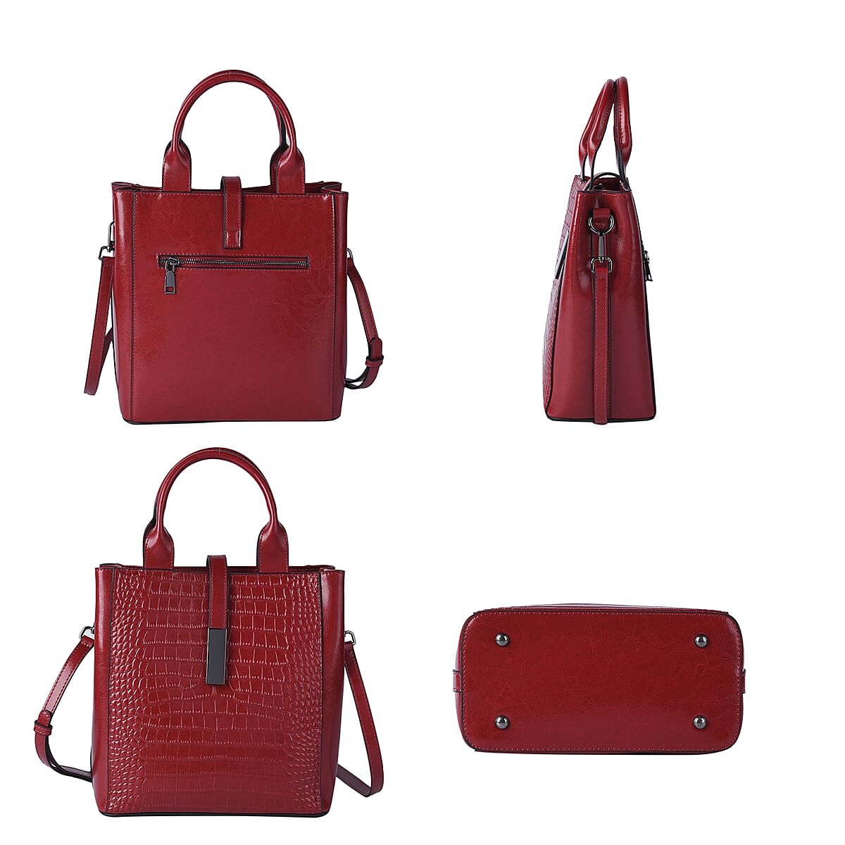 Passage Red Crocodile Embossed Genuine Leather Tote Bag for Women , Woven & Leather Strap , Satchel Purse , Shoulder Handbag , Designer Tote Bag image number 3