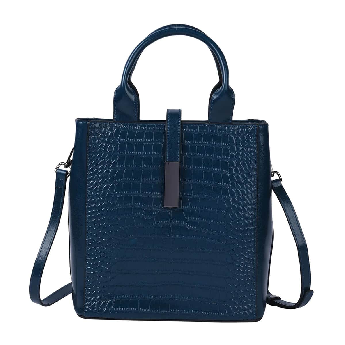 Passage Navy Crocodile Embossed Genuine Leather Tote Bag for Women, Woven & Leather Strap, Satchel Purse, Shoulder Handbag, Designer Tote Bag image number 0