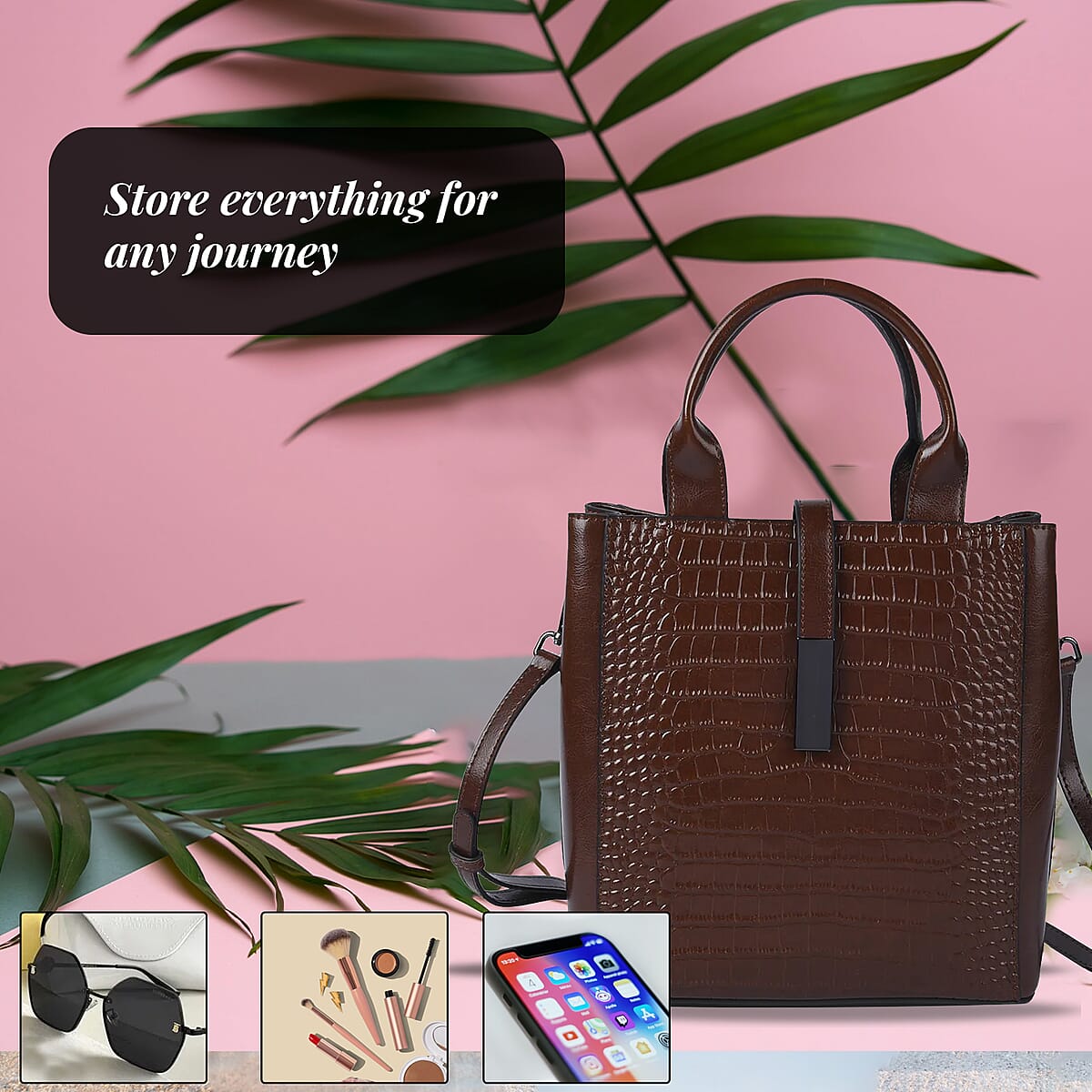 Passage Chocolate Crocodile Embossed Genuine Leather Tote Bag for Women, Woven & Leather Strap, Satchel Purse, Shoulder Handbag, Designer Tote Bag image number 2