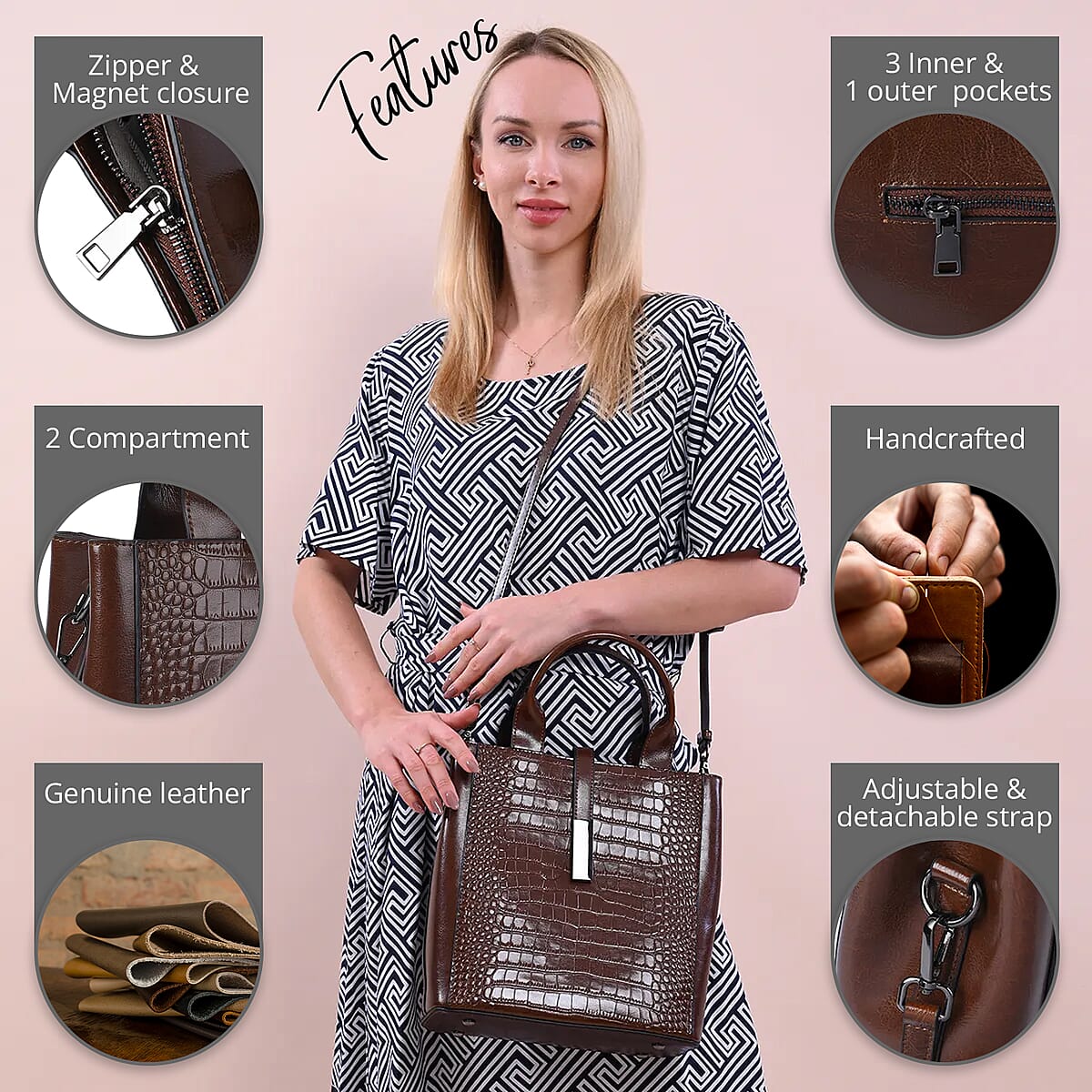 Passage Chocolate Crocodile Embossed Genuine Leather Tote Bag for Women, Woven & Leather Strap, Satchel Purse, Shoulder Handbag, Designer Tote Bag image number 3