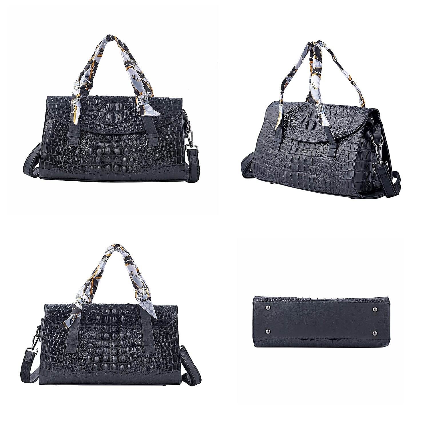 Black Crocodile Embossed Pattern Genuine Leather Shoulder Bag with Hand Scarf Strap and Shoulder Strap