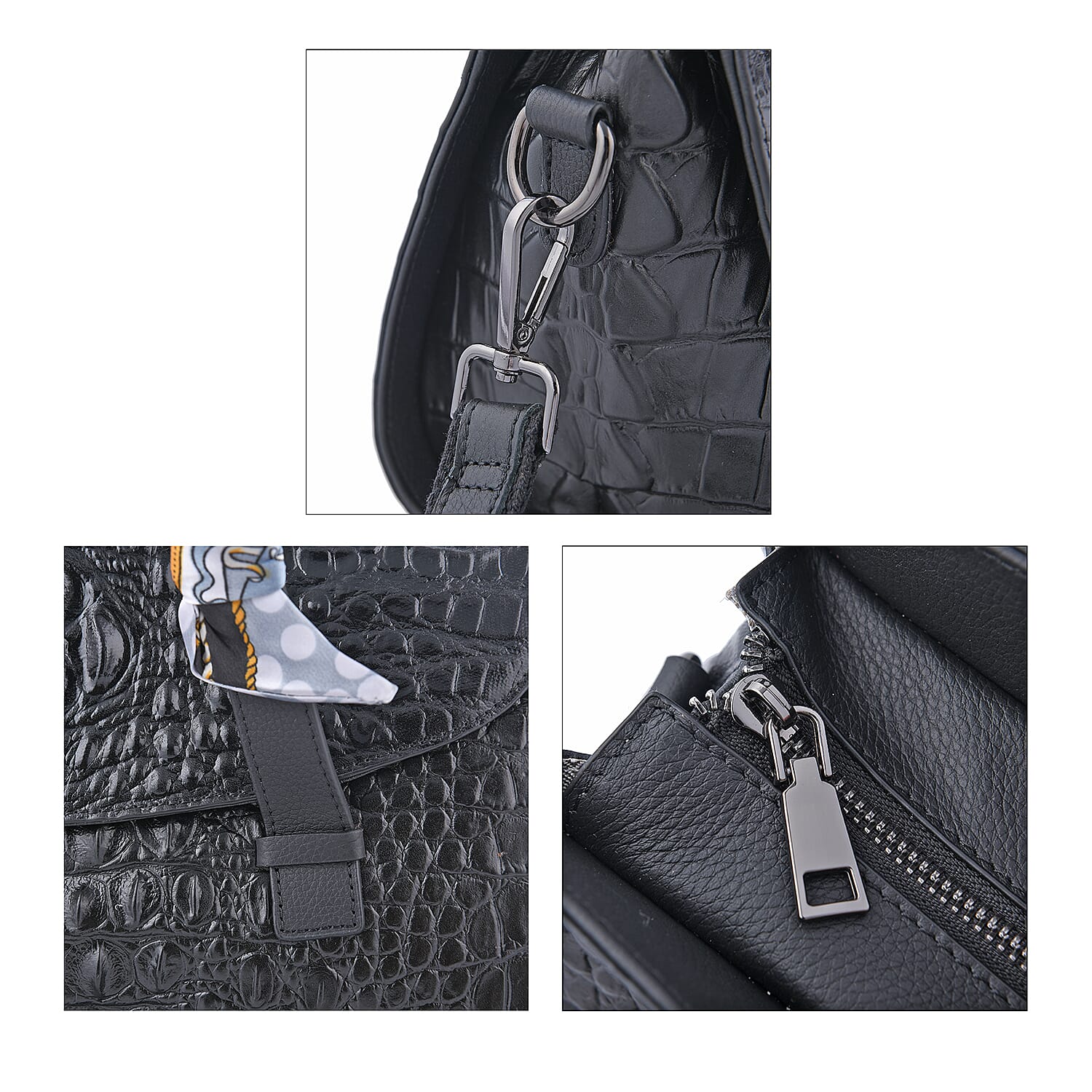 Black Crocodile Embossed Pattern Genuine Leather Shoulder Bag with Hand Scarf Strap and Shoulder Strap
