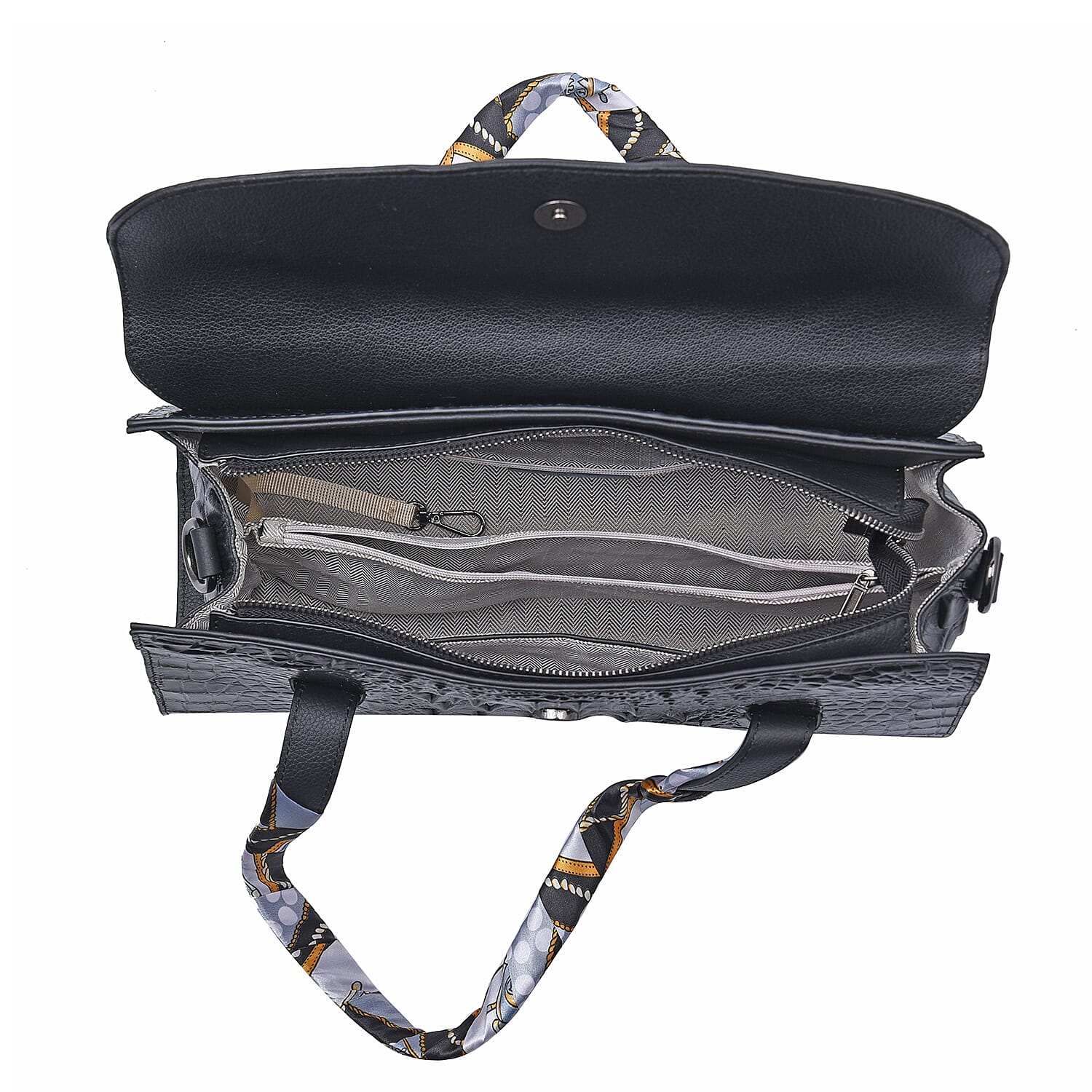 Black Crocodile Embossed Pattern Genuine Leather Shoulder Bag with Hand Scarf Strap and Shoulder Strap