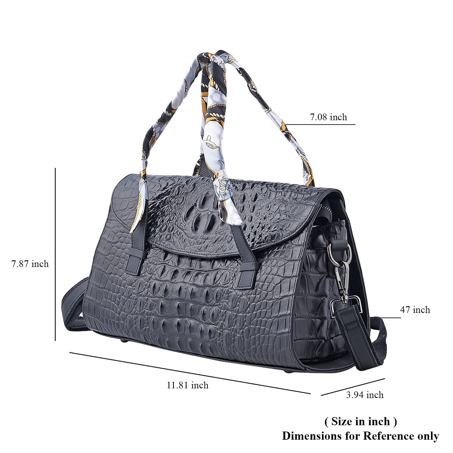 Black Crocodile Embossed Pattern Genuine Leather Shoulder Bag with Hand Scarf Strap and Shoulder Strap