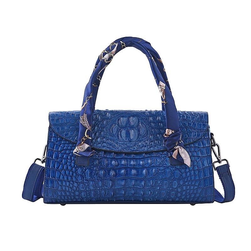 Blue Crocodile Embossed Pattern Genuine Leather Shoulder Bag with Hand Scarf Strap and Shoulder Strap