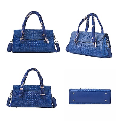 Blue Crocodile Embossed Pattern Genuine Leather Shoulder Bag with Hand Scarf Strap and Shoulder Strap