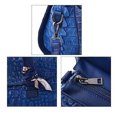 Blue Crocodile Embossed Pattern Genuine Leather Shoulder Bag with Hand Scarf Strap and Shoulder Strap