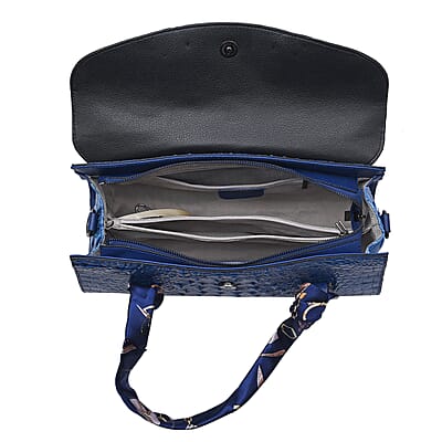 Blue Crocodile Embossed Pattern Genuine Leather Shoulder Bag with Hand Scarf Strap and Shoulder Strap