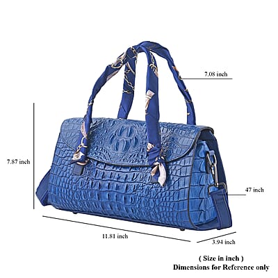 Blue Crocodile Embossed Pattern Genuine Leather Shoulder Bag with Hand Scarf Strap and Shoulder Strap