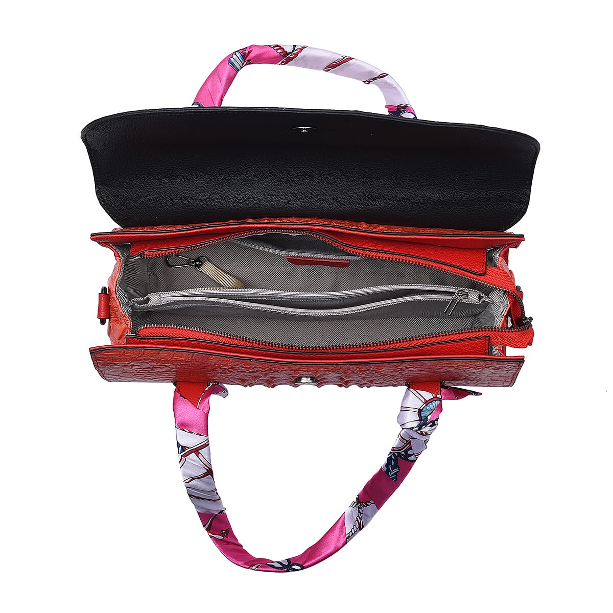 Red Crocodile Embossed Pattern Genuine Leather Shoulder Bag with Hand Scarf Strap and Shoulder Strap image number 5