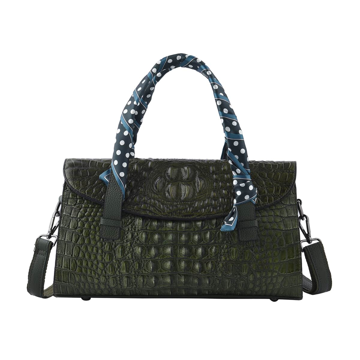 Dark Green Crocodile Embossed Pattern Genuine Leather Shoulder Bag with Hand Scarf Strap and Shoulder Strap image number 0