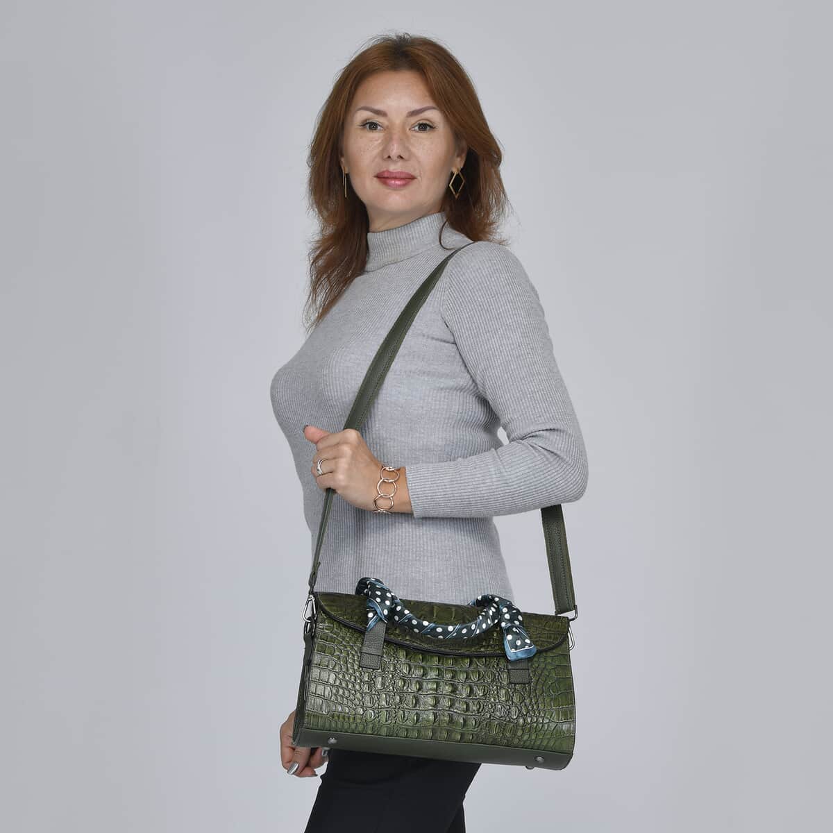 Dark Green Crocodile Embossed Pattern Genuine Leather Shoulder Bag with Hand Scarf Strap and Shoulder Strap image number 1