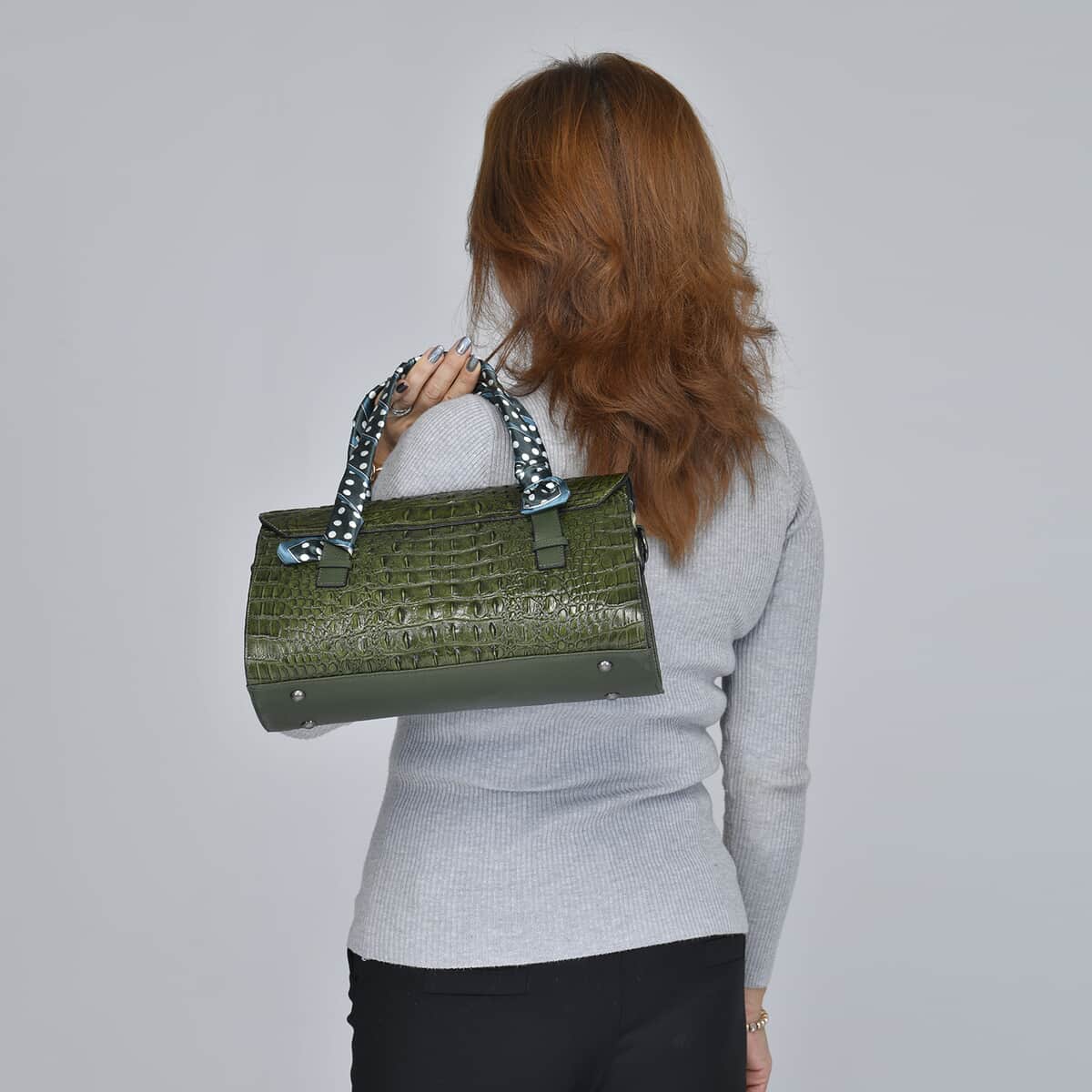 Dark Green Crocodile Embossed Pattern Genuine Leather Shoulder Bag with Hand Scarf Strap and Shoulder Strap image number 2