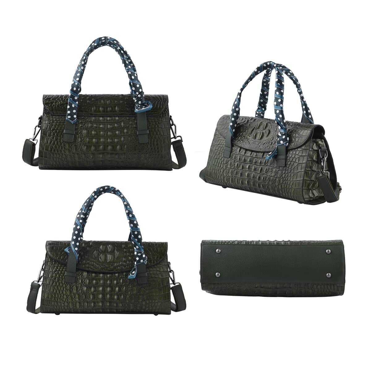 Dark Green Crocodile Embossed Pattern Genuine Leather Shoulder Bag with Hand Scarf Strap and Shoulder Strap image number 3