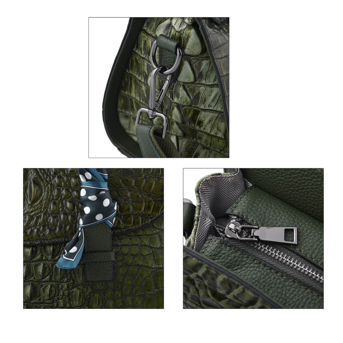 Dark Green Crocodile Embossed Pattern Genuine Leather Shoulder Bag with Hand Scarf Strap and Shoulder Strap image number 4