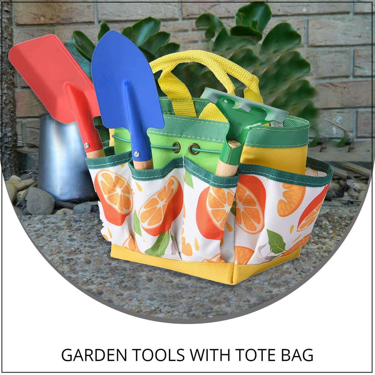 Set of 4 Garden Tools - Yellow Tote Bag Trowel Shovel Rake image number 1