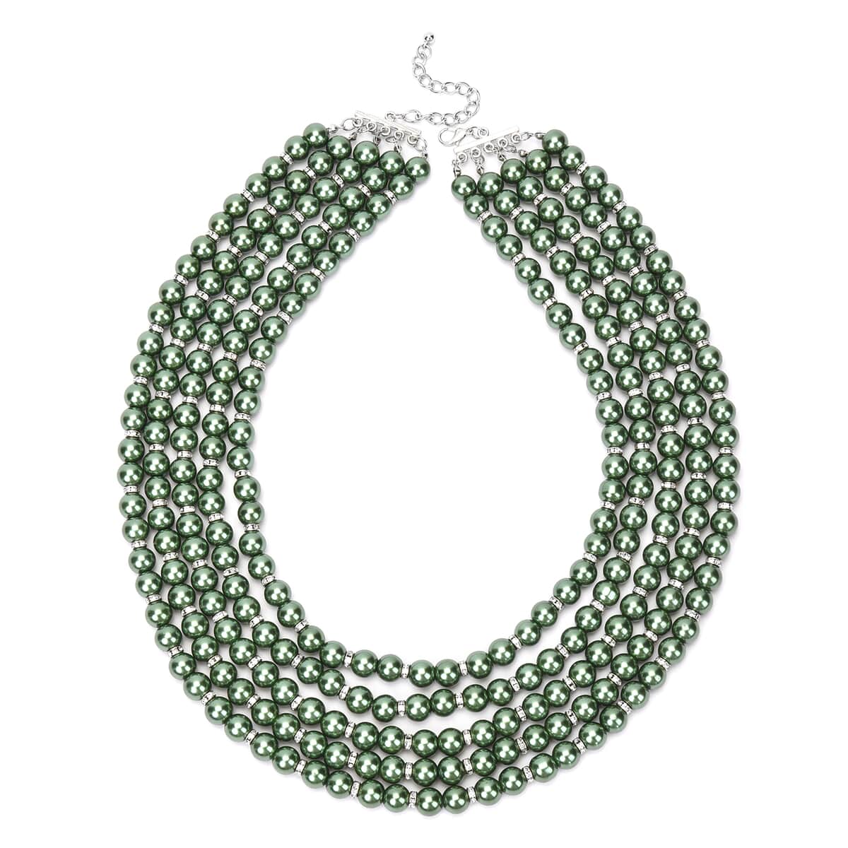 Simulated Green Pearl, White Austrian Crystal Multilayer Necklace 22.50-24.50 Inches in Silvertone image number 0
