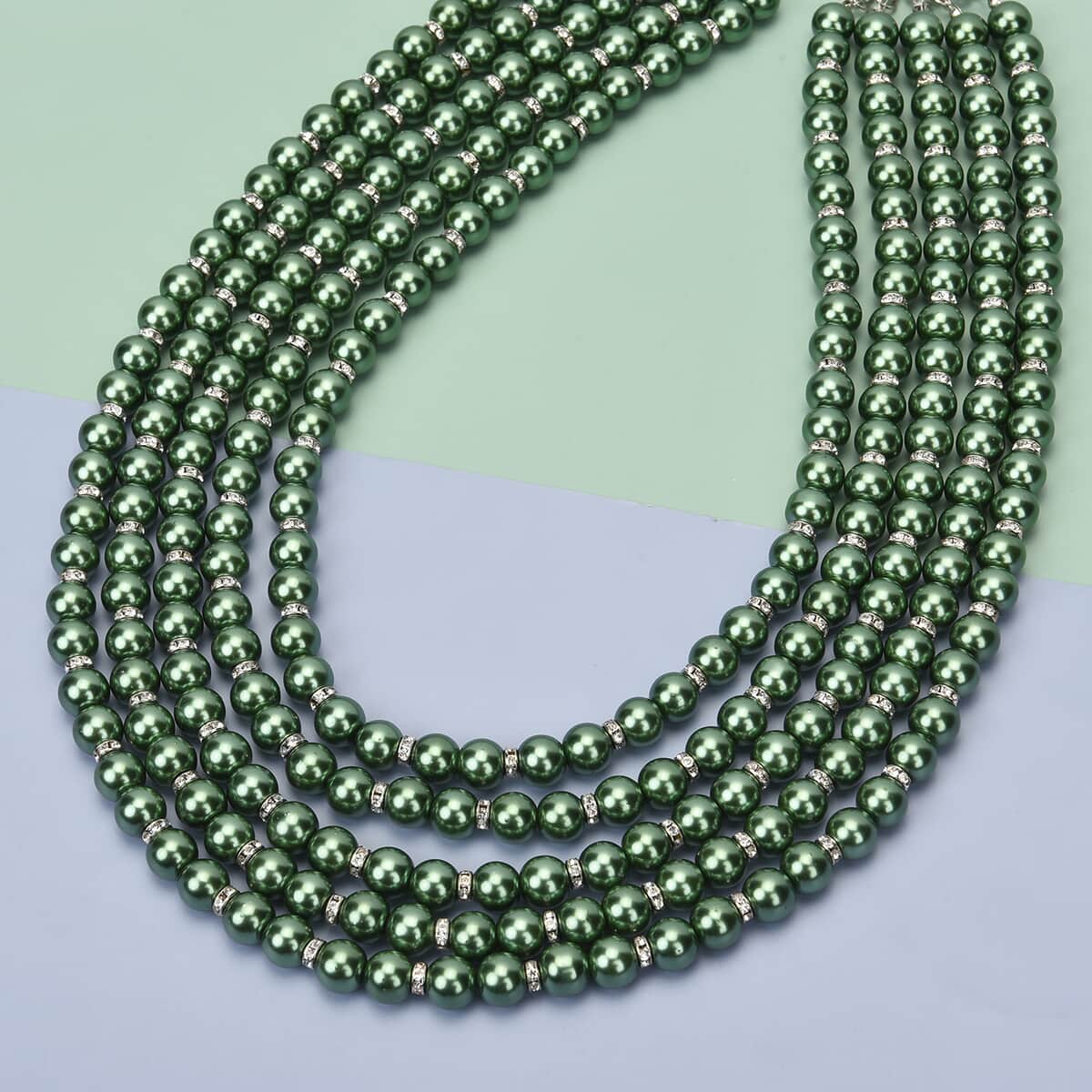 Simulated Green Pearl, White Austrian Crystal Multilayer Necklace 22.50-24.50 Inches in Silvertone image number 1