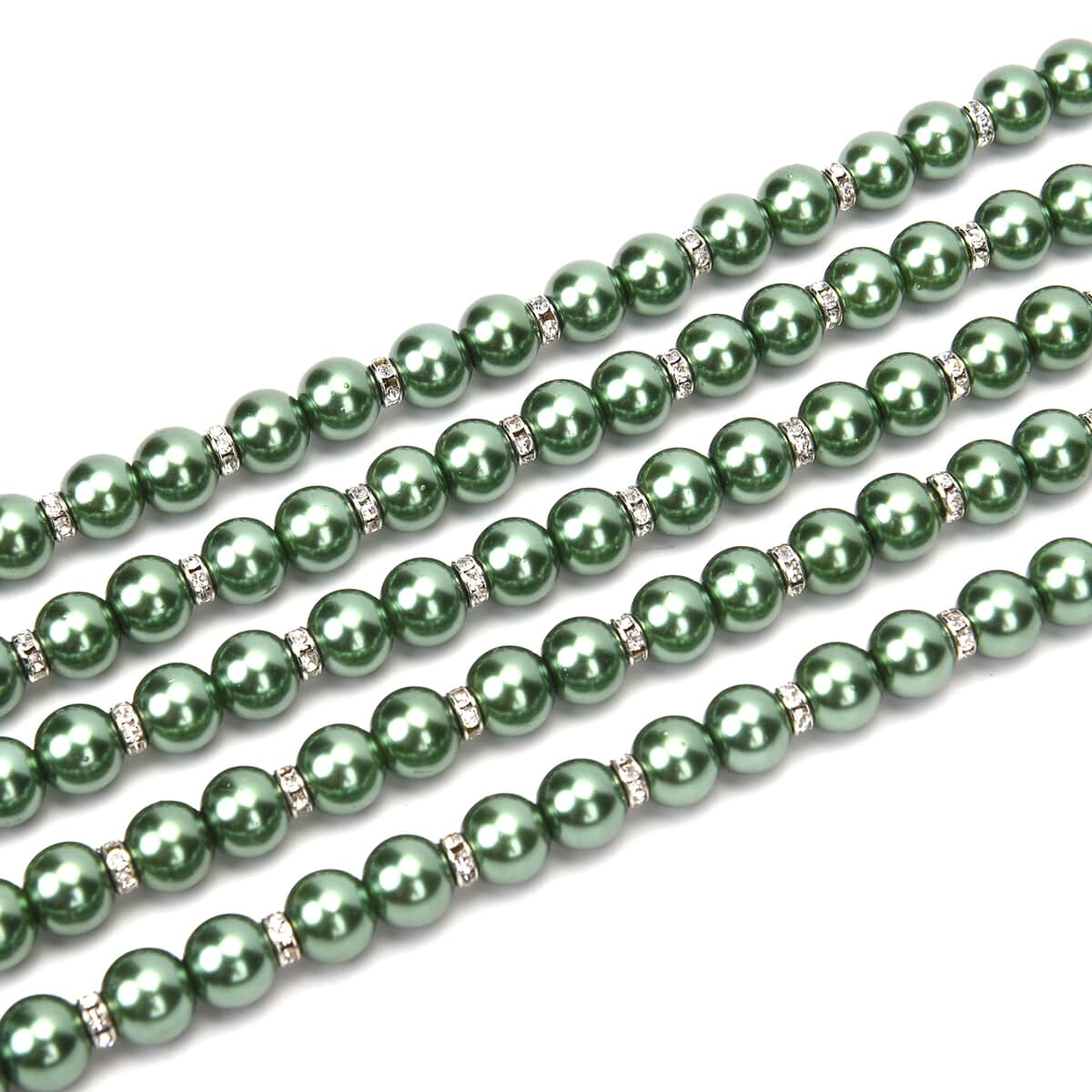 Simulated Green Pearl, White Austrian Crystal Multilayer Necklace 22.50 Inches in Silvertone image number 2