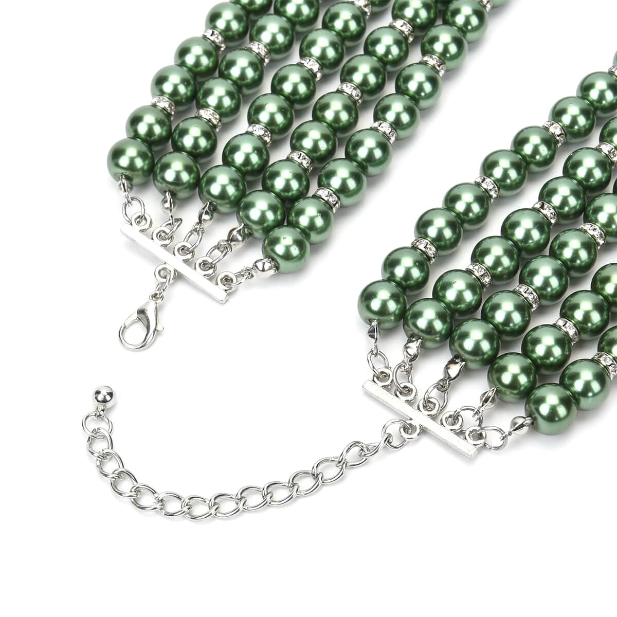 Simulated Green Pearl, White Austrian Crystal Multilayer Necklace 22.50-24.50 Inches in Silvertone image number 3
