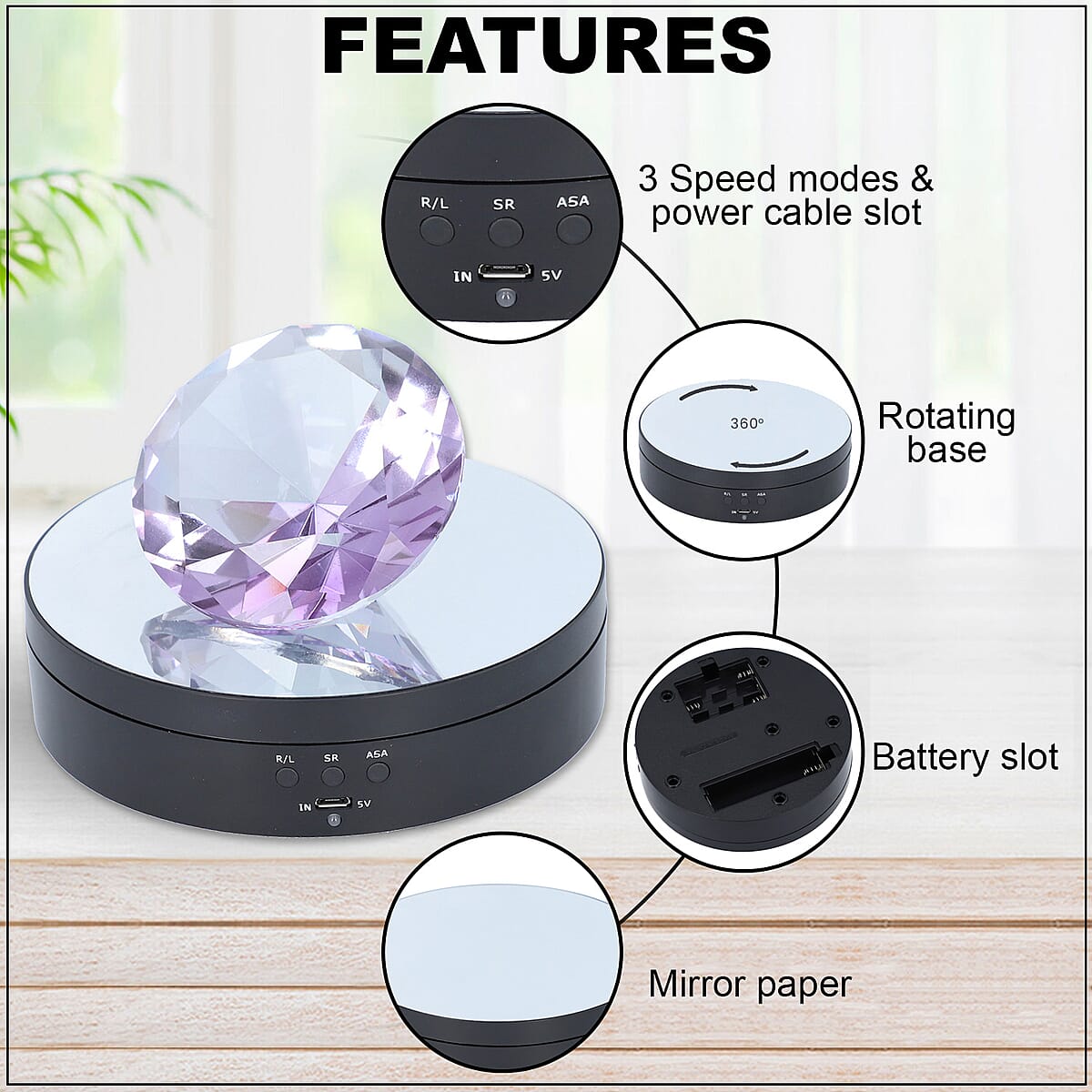 Black Rotating Display Stand with Crystal Glass (3xAAA Batteries Not Included) image number 2