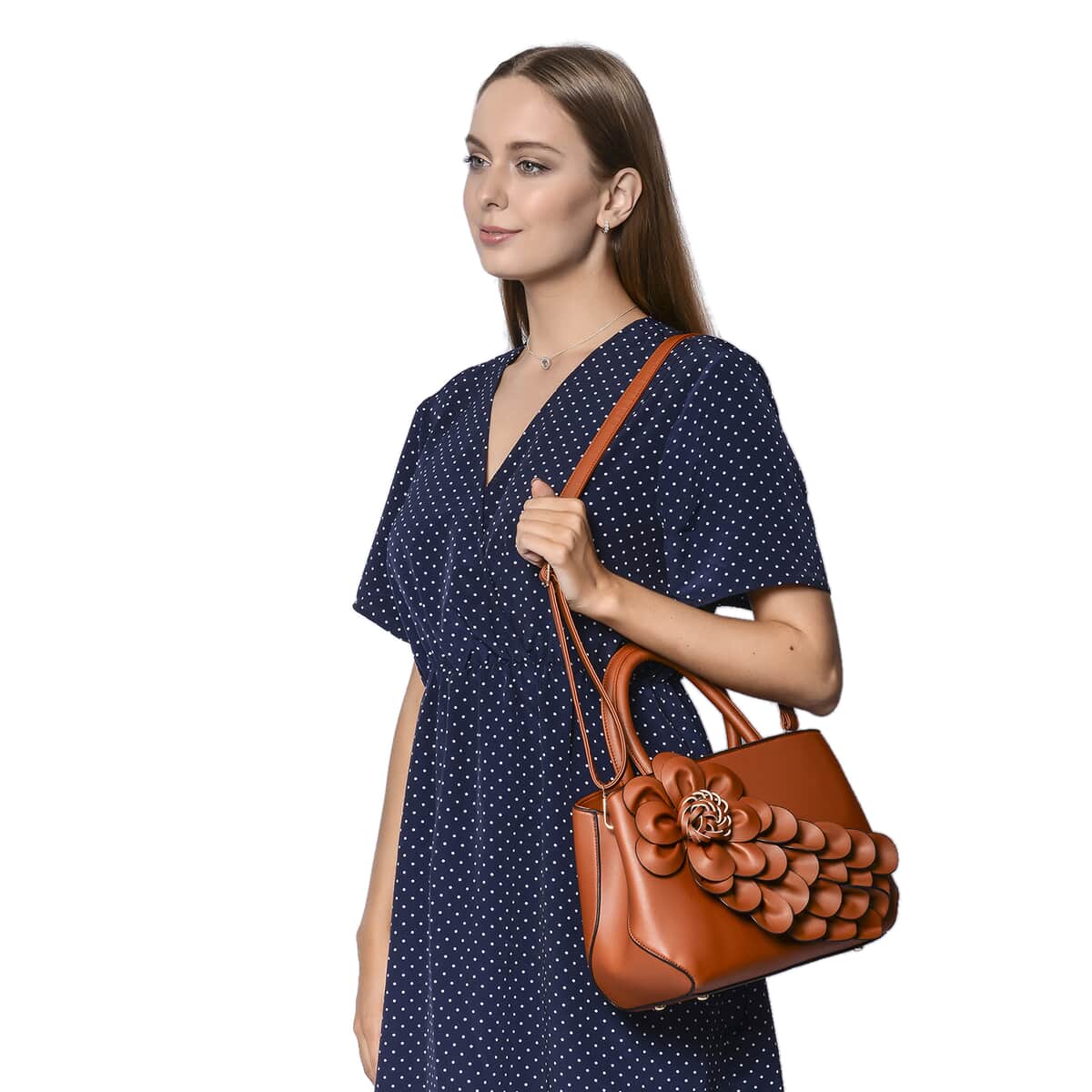 Black Floral Pattern Faux Leather Women's Convertible Bag with Detachable Shoulder Strap image number 2