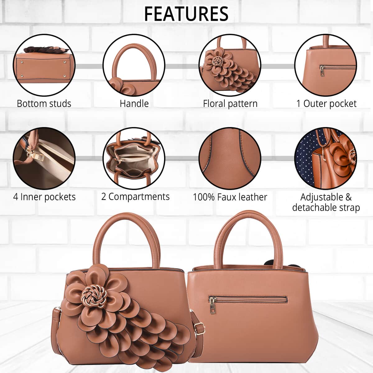 Black Floral Pattern Faux Leather Women's Convertible Bag with Detachable Shoulder Strap image number 3