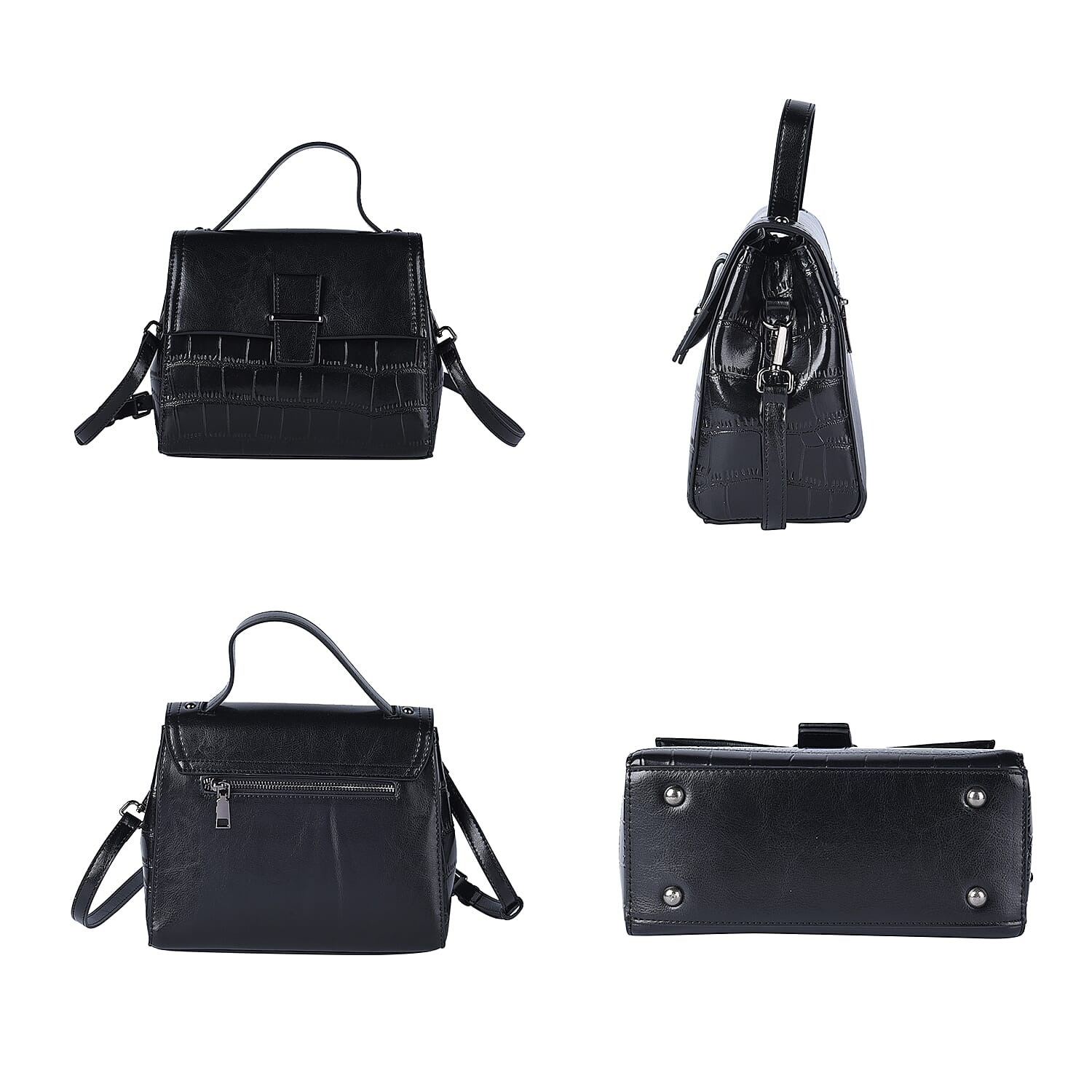 Hong Kong Closeout Collection Black Croc Embossed Pattern Genuine Leather Tote Bag with Set of 2 Woven & Leather Strap