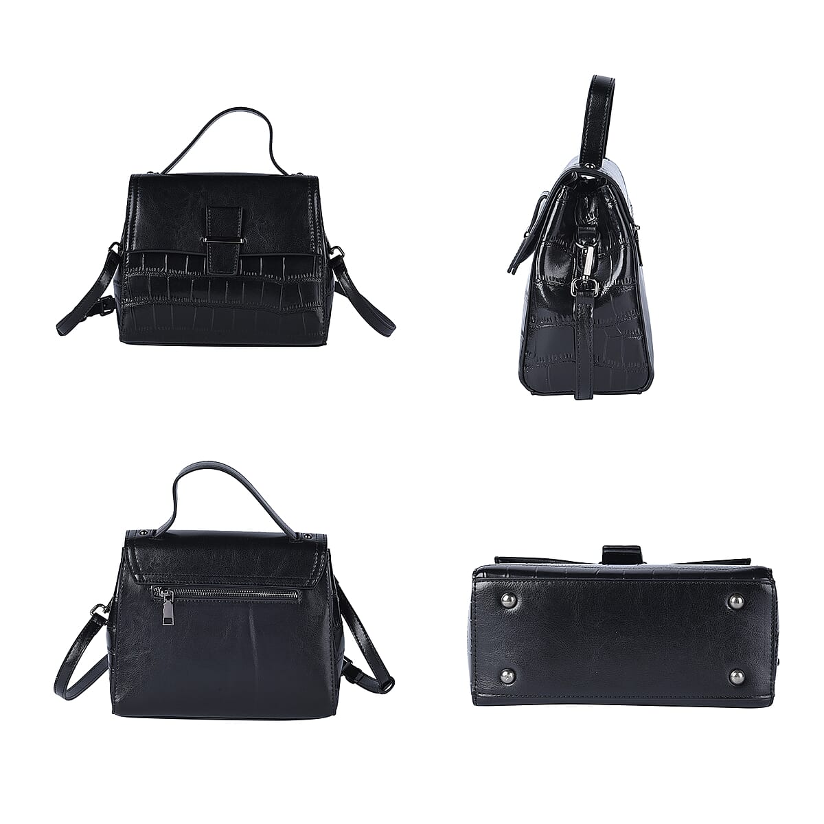 Hong Kong Closeout Collection Black Croc Embossed Pattern Genuine Leather Tote Bag with Set of 2 Woven & Leather Strap image number 1