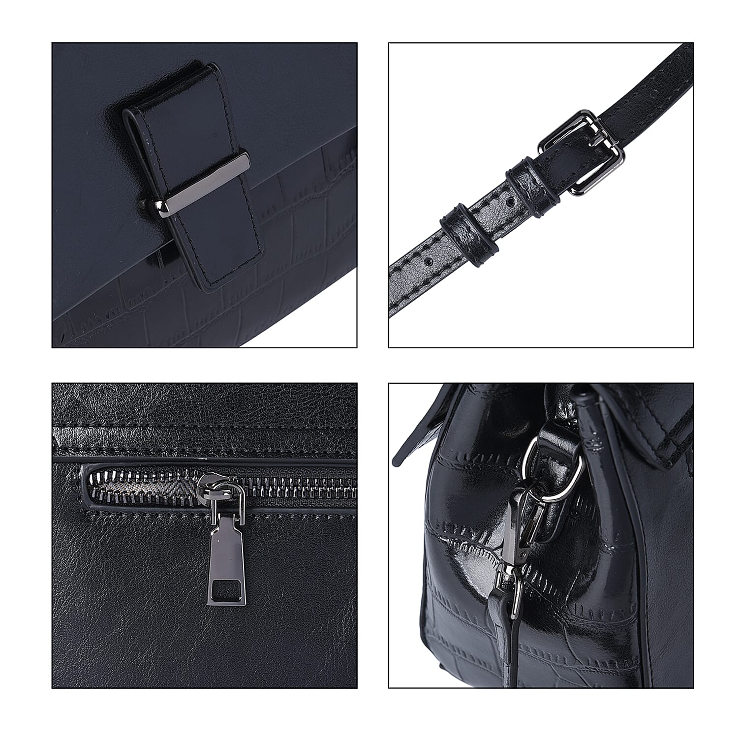 Hong Kong Closeout Collection Black Croc Embossed Pattern Genuine Leather Tote Bag with Set of 2 Woven & Leather Strap