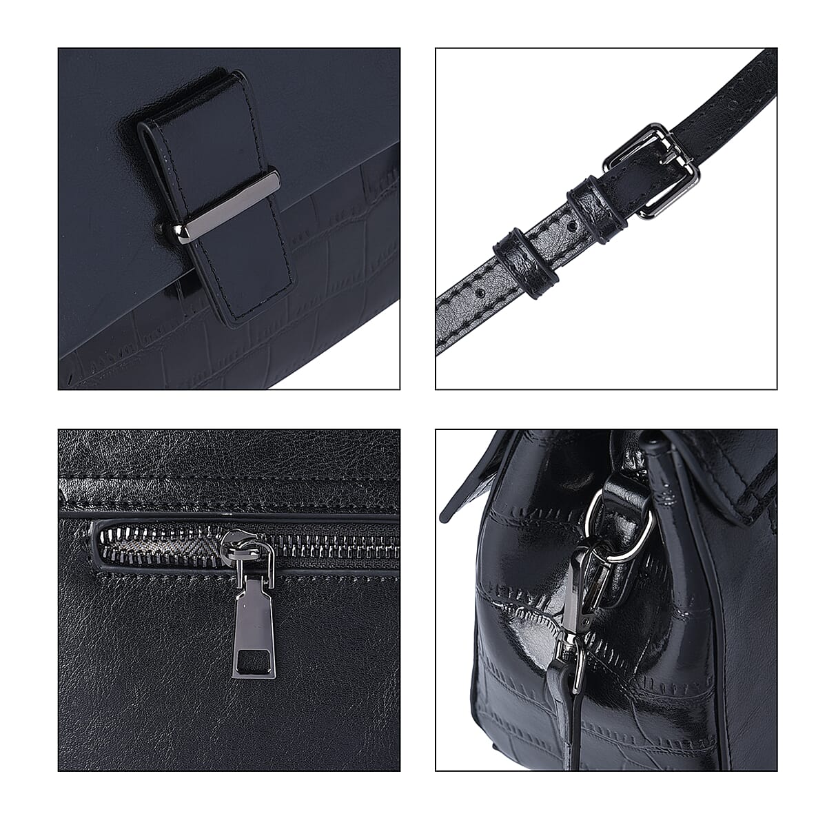 Hong Kong Closeout Collection Black Croc Embossed Pattern Genuine Leather Tote Bag with Set of 2 Woven & Leather Strap image number 2