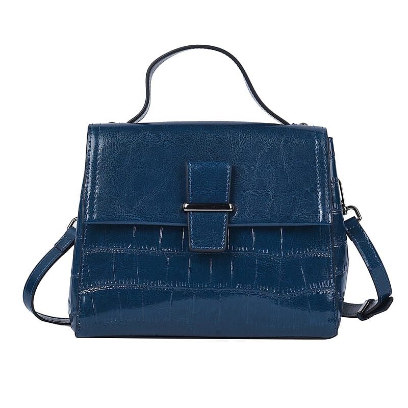 Hong Kong Closeout Collection Blue Croc Embossed Pattern Genuine Leather Tote Bag with Set of 2 Woven & Leather Strap
