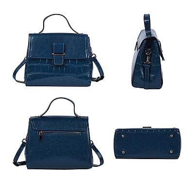 Hong Kong Closeout Collection Blue Croc Embossed Pattern Genuine Leather Tote Bag with Set of 2 Woven & Leather Strap