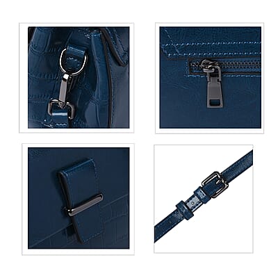 Hong Kong Closeout Collection Blue Croc Embossed Pattern Genuine Leather Tote Bag with Set of 2 Woven & Leather Strap