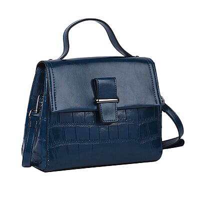 Hong Kong Closeout Collection Blue Croc Embossed Pattern Genuine Leather Tote Bag with Set of 2 Woven & Leather Strap