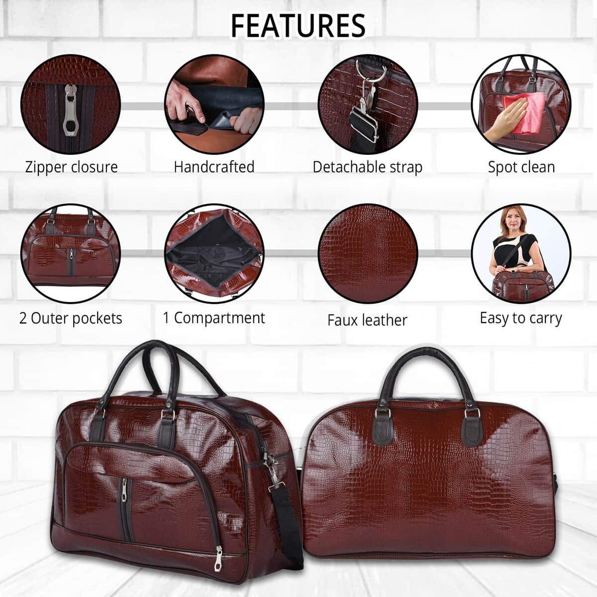 Hong Kong Closeout Deal Coffee Snake Skin Embossed Faux Leather Travel Bag with Shoulder Strap image number 2