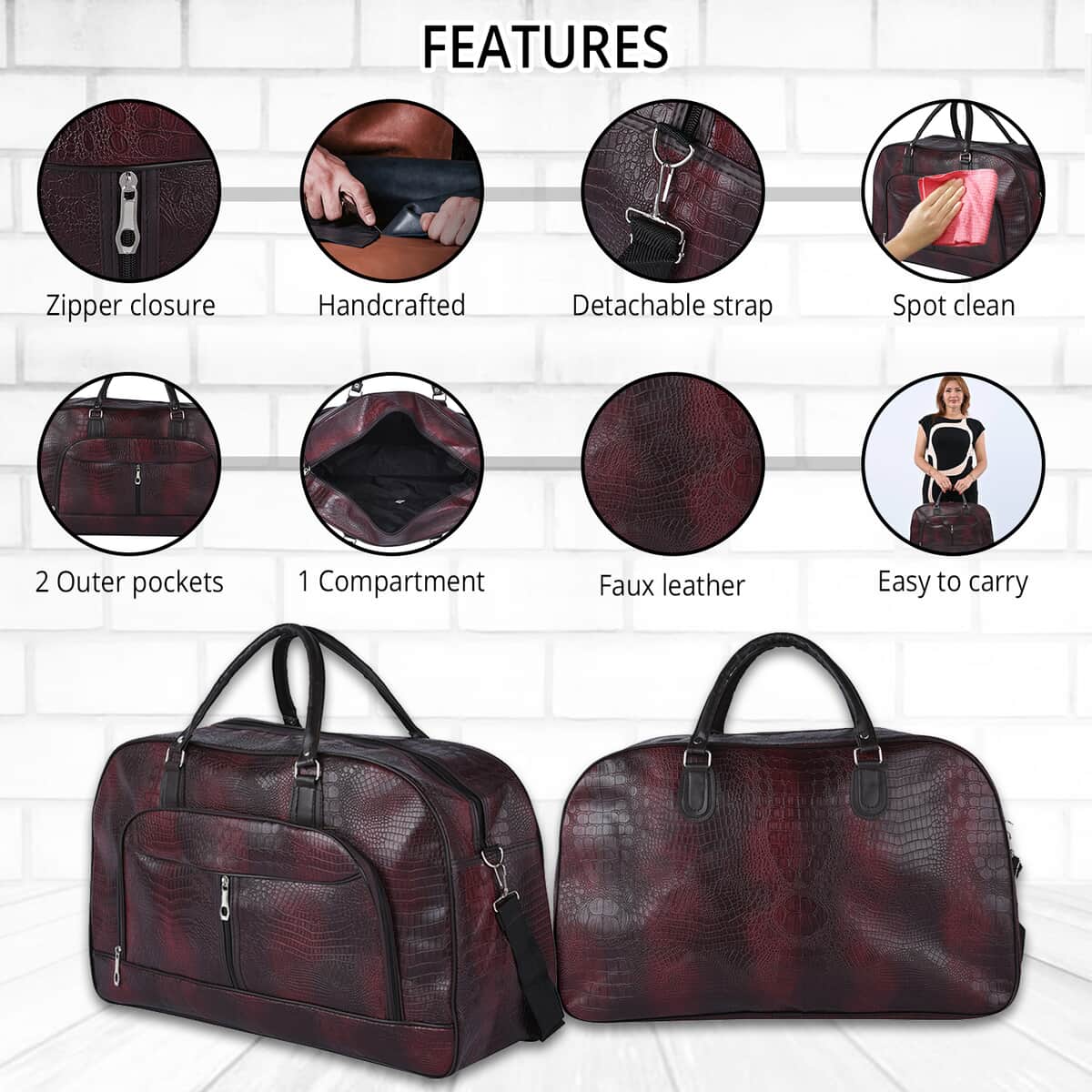 Hong Kong Closeout Deal Dark Red Crocodile Pattern Faux Leather Travel Bag with Shoulder Strap image number 2