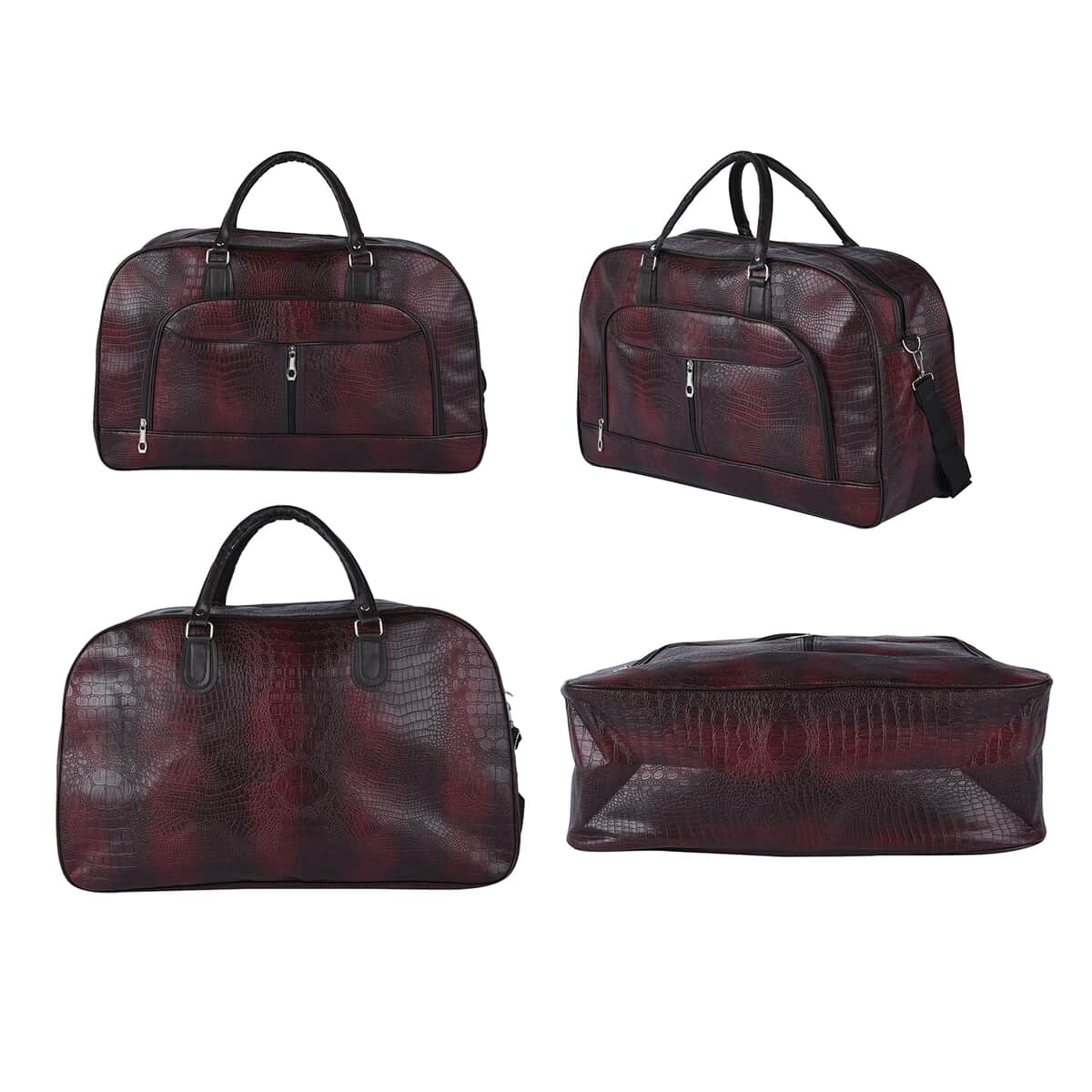Hong Kong Closeout Deal Dark Red Crocodile Pattern Faux Leather Travel Bag with Shoulder Strap image number 3