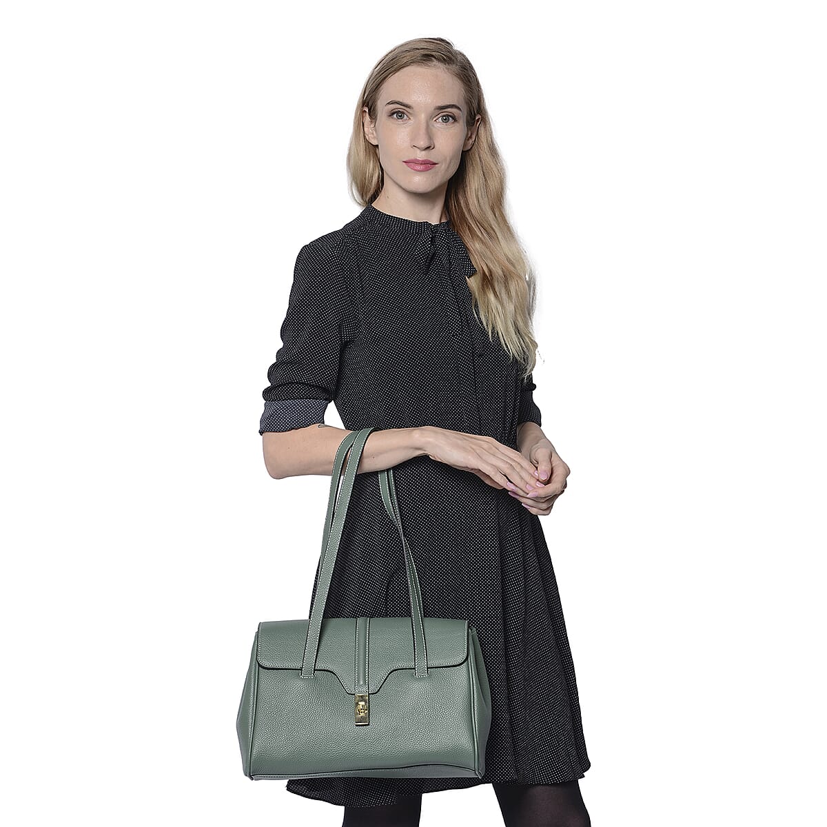 Hong Kong Closeout Collection Green Genuine Leather Tote Bag with Flap Cover & Handle Drop image number 1