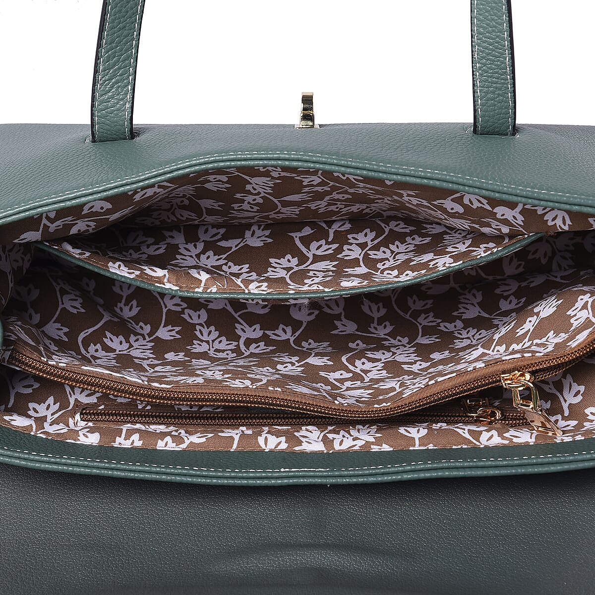 Hong Kong Closeout Collection Green Genuine Leather Tote Bag with Flap Cover & Handle Drop image number 3