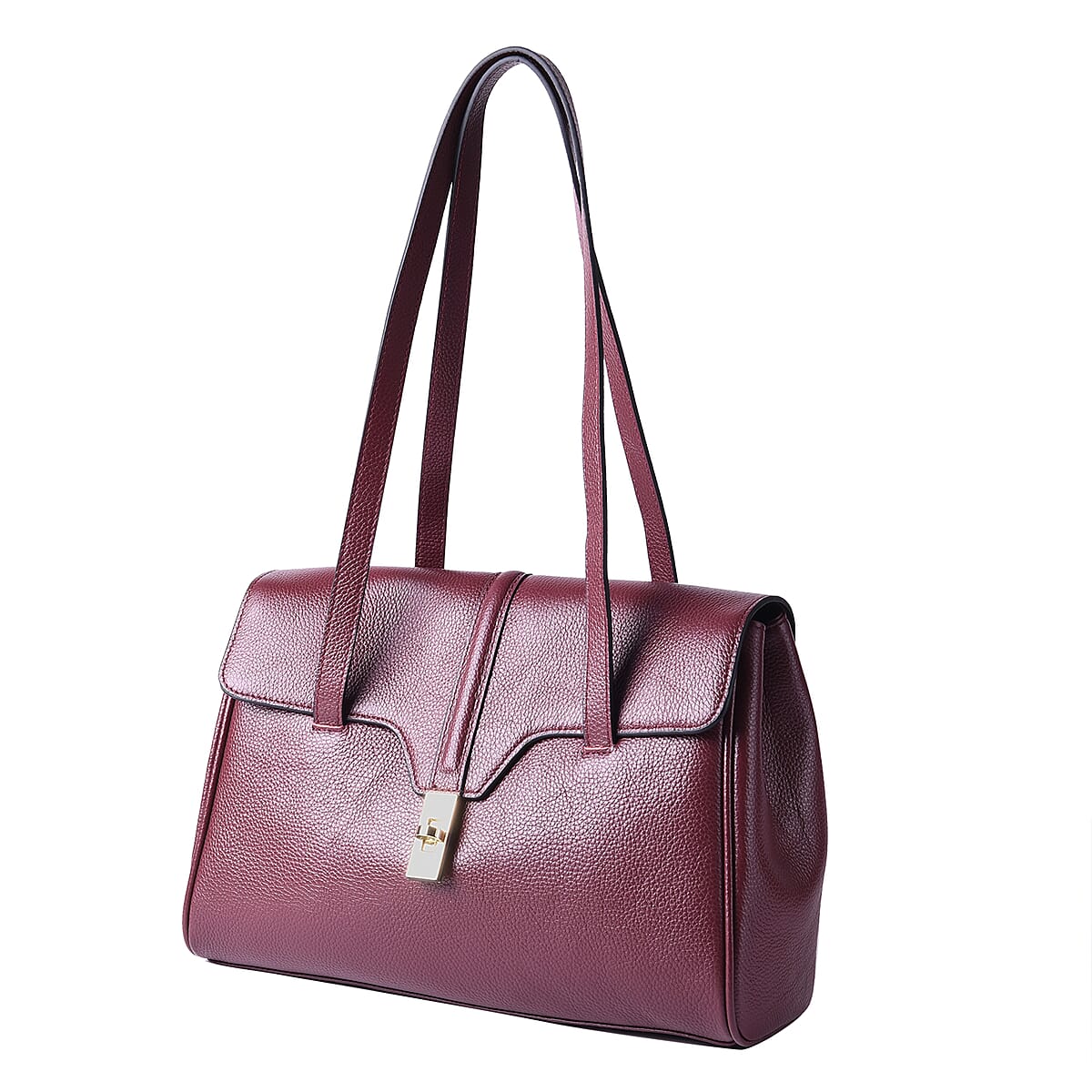 Hong Kong Closeout Collection Wine Red Genuine Leather Tote Bag (13.39x4.72x8.66) with Flap Cover & Handle Drop (10.23) image number 1
