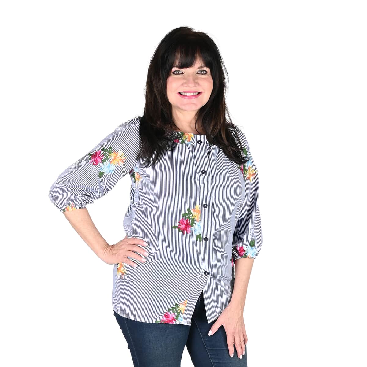MIRROR IMAGE Black and White Floral Print 3/4 Sleeve Blouse with Elastic Neck - Size L image number 0